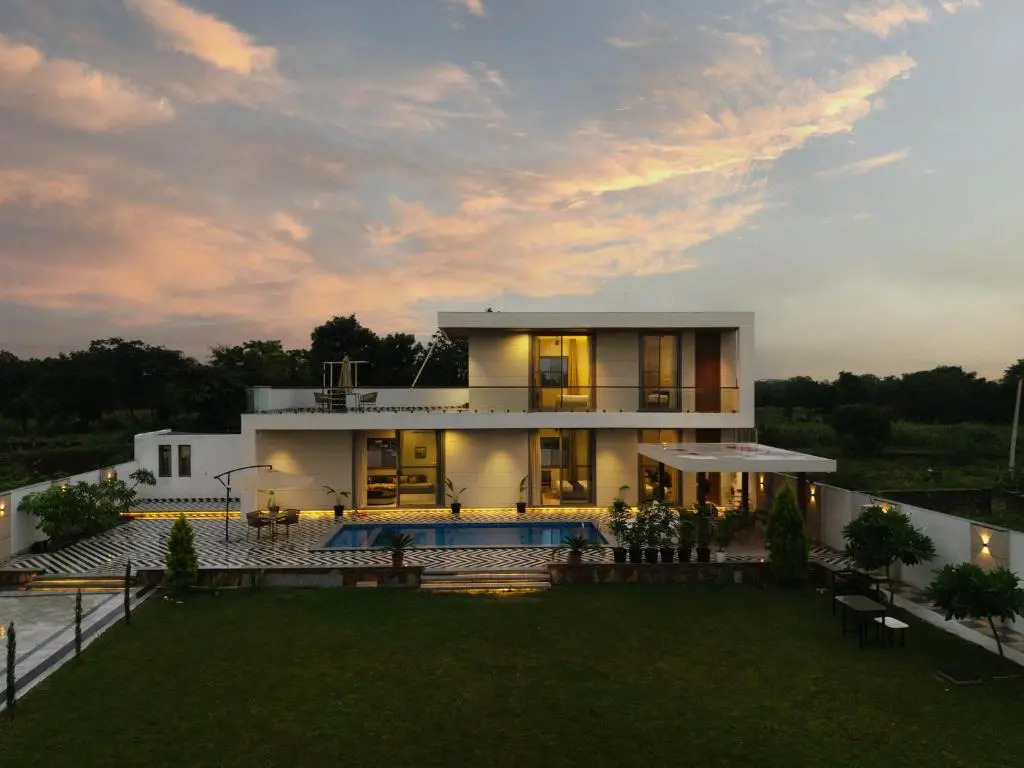 SaffronStays Raaga - luxury 4BR villa with private pool, lawns, gazebos & sweeping Aravalli hill vie