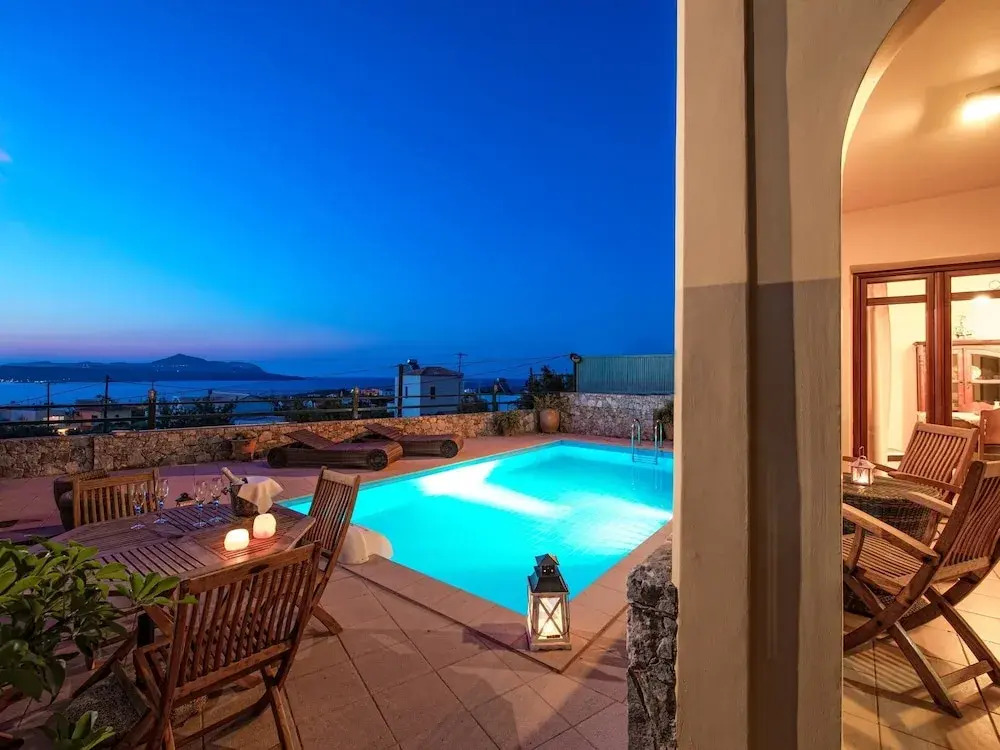 Villa with Private Pool & Souda Bay View in Very Nice Village near Chania
