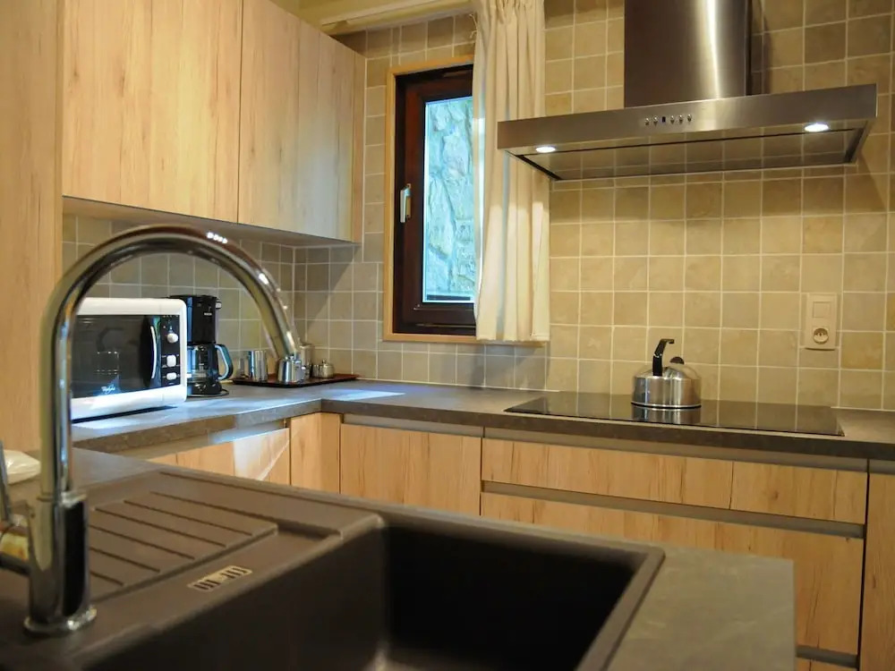 Wooden Chalet With Stove and Microwave Located in the Forest