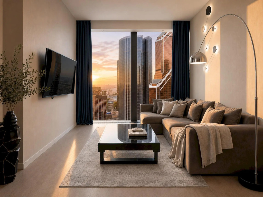Апартаменты Москва Сити AV Sunset 2 комнаты 35 этаж с колонкой и подсветкой