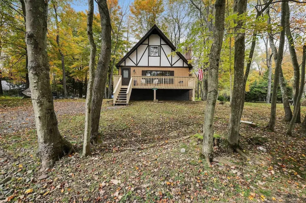 Game Room & Fire Pit: Tree-lined Pocono Lake Cabin