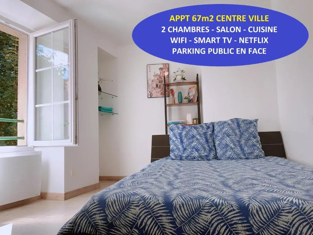 Apt 67m2 Hyper Centre: 2 Chambres, Cuisine TV Wifi
