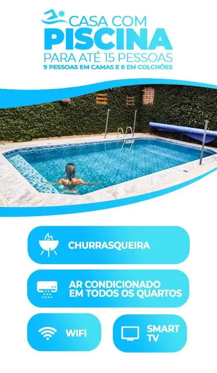 Casa com piscina, churrasqueira, 3 suítes com ar condicionado
