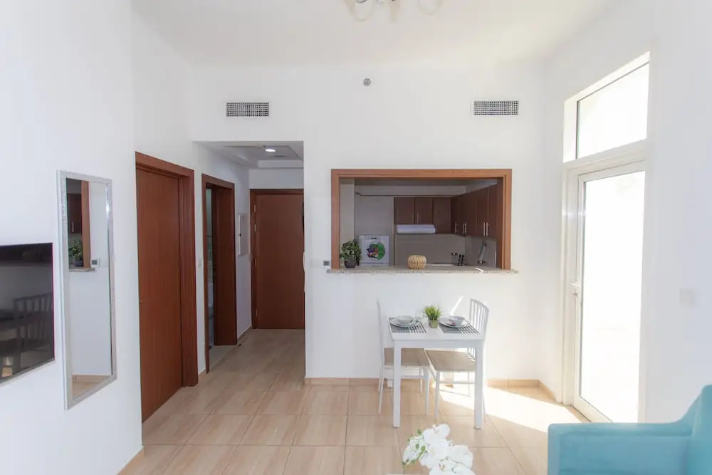 Stylish flat aerial view & pool