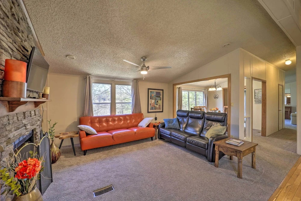 Deck + 2 Fire Pits: Riverfront Spruce Pine Rental!