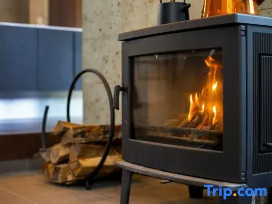 River view house with BBQ & private sauna, wood stove — designer villa with stone terrace & fire
