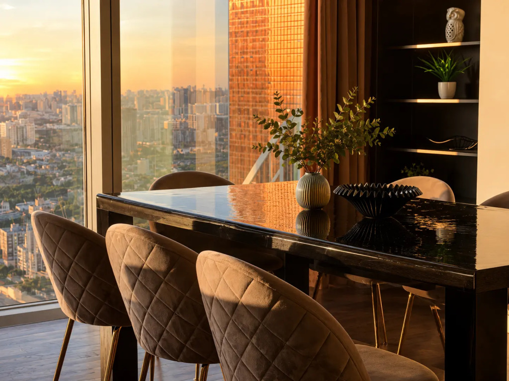 Апартаменты Sky City Moscow Подсветка Алиса Макс Большая гостиная с панорамой
