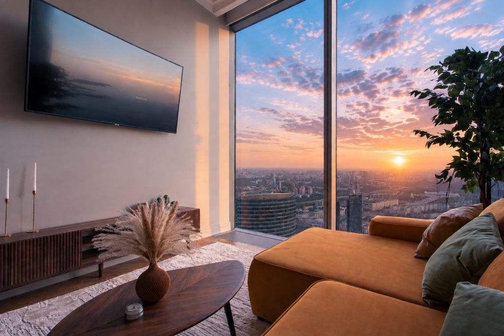 Апартаменты Sky CIty Moscow 81 этаж панорамная ванна с видом на всю Москву самый дорогой вид в Москве дизайнерский интерьер