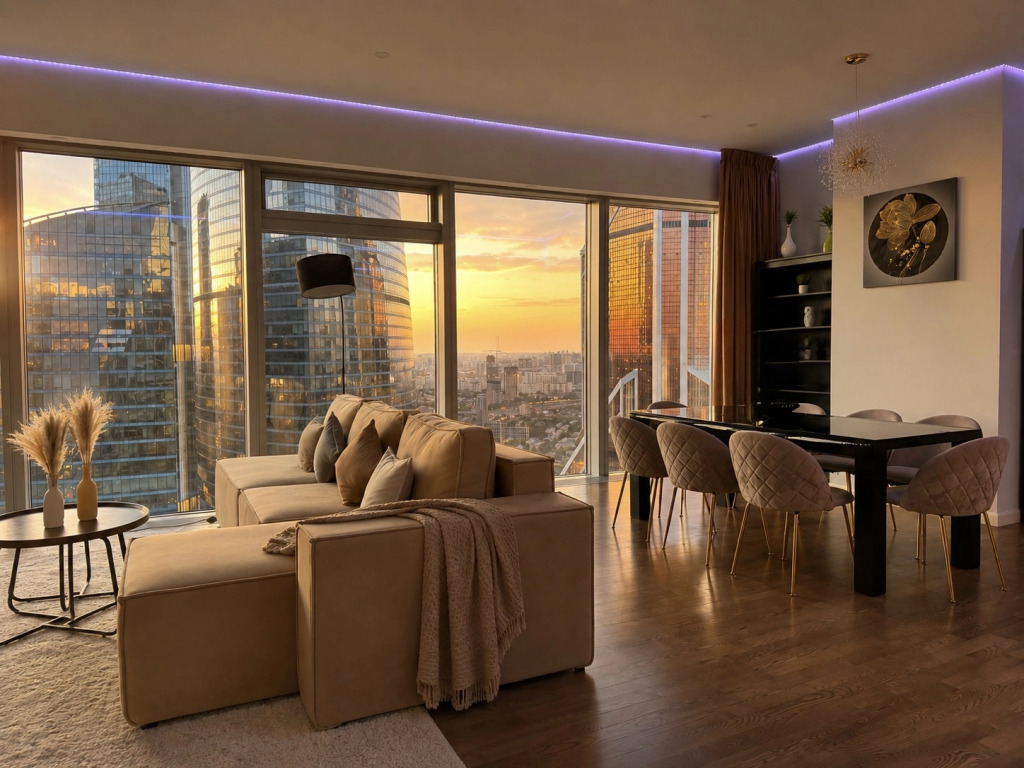 Апартаменты Sky City Moscow Подсветка Алиса Макс Большая гостиная с панорамой