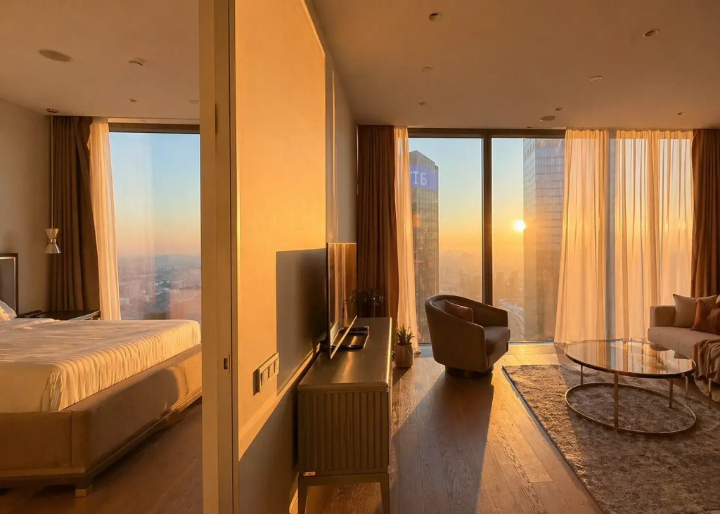 Апартаменты Sky City Moscow 75 этаж! Шикарный вид на МГУ, Парк Победы, Лужники, башни и город! Дизайнерский! Закатная стороны!