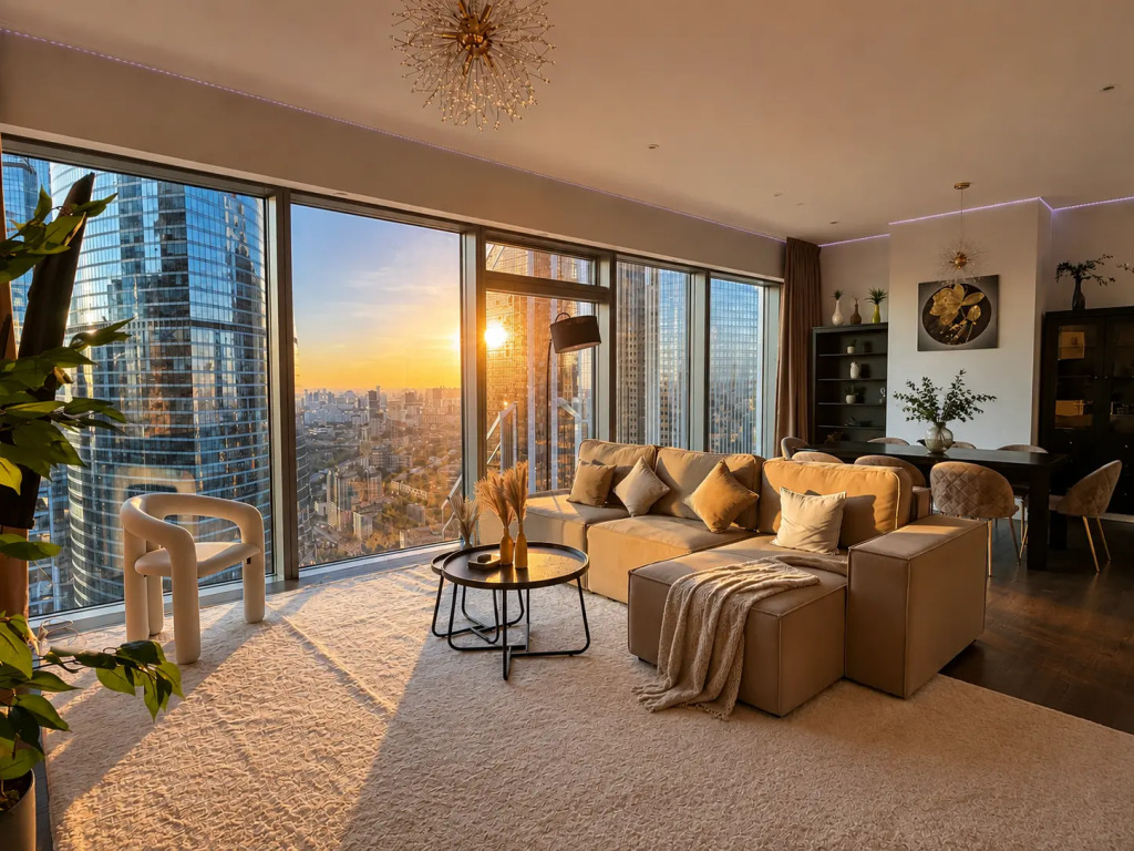 Апартаменты Sky City Moscow Подсветка Алиса Макс Большая гостиная с панорамой