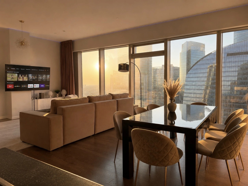 Апартаменты Sky City Moscow Подсветка Алиса Макс Большая гостиная с панорамой
