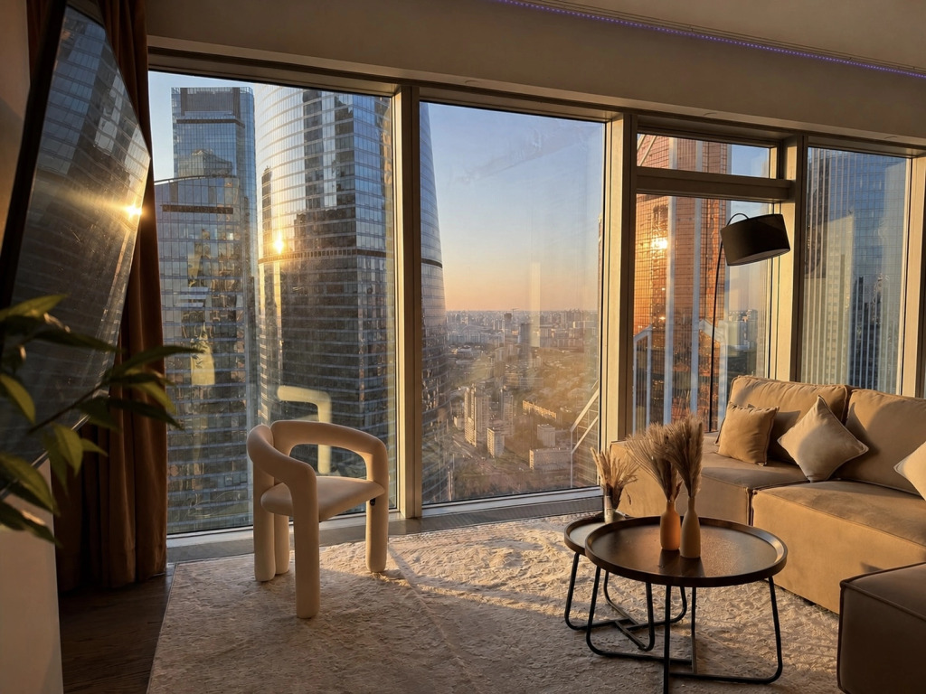 Апартаменты Sky City Moscow Подсветка Алиса Макс Большая гостиная с панорамой