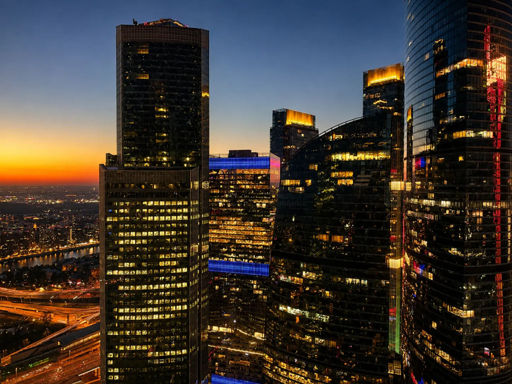 Апартаменты Sky City Moscow Подсветка Алиса Макс Большая гостиная с панорамой