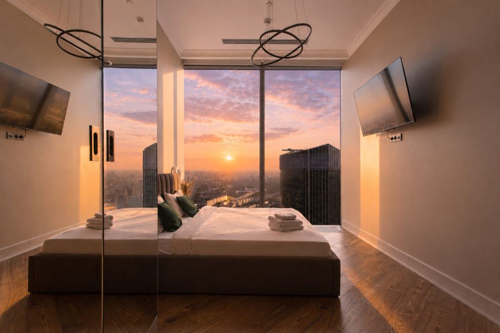 Апартаменты Sky CIty Moscow 81 этаж панорамная ванна с видом на всю Москву самый дорогой вид в Москве дизайнерский интерьер
