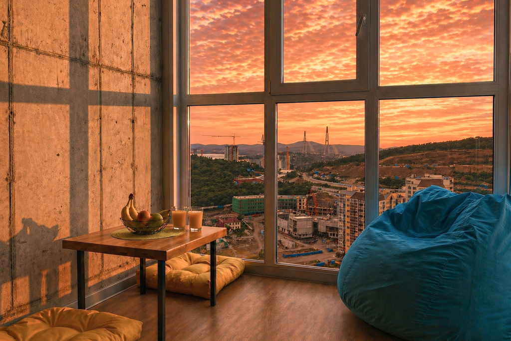 Квартира в Стиле Loft с Панорамным Видом на Море и Мост Остров Русский