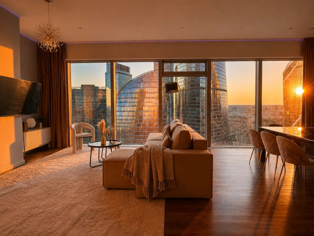 Апартаменты Sky City Moscow Подсветка Алиса Макс Большая гостиная с панорамой
