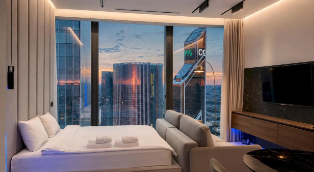 Moscow City AV Select apartment on the 57th floor with a beautiful view, lighting and a speaker, Rezerwuj Apartament Moskwa Rosja