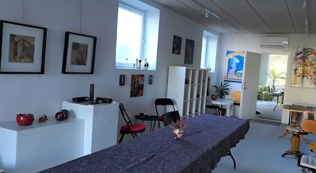 Logi i hus med kunst og have