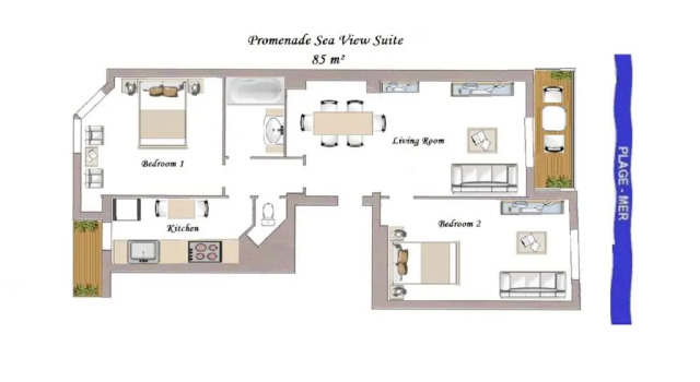 Sea Front Suite - Panoramic View with Terrace - 85 M, Забронировать Отель Fabron Ницца, рядом с Пляж Фаброн
