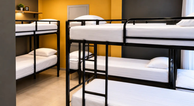 Seng i sovesal med byudsigt Krysha Hostel