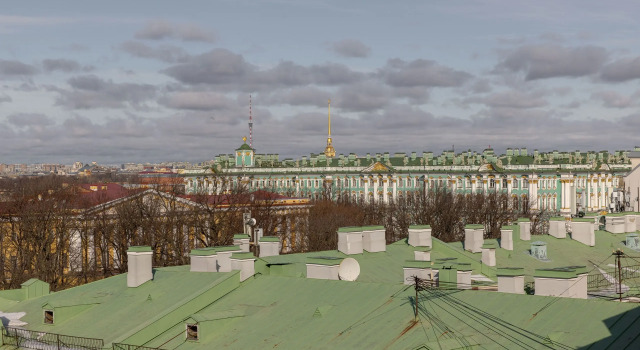 Апартаменты двухкомнатные с потрясающим видом на Зимний Дворец и город, вид на крыши города Меблированные комнаты Соло Панорама Дворцовая площадь